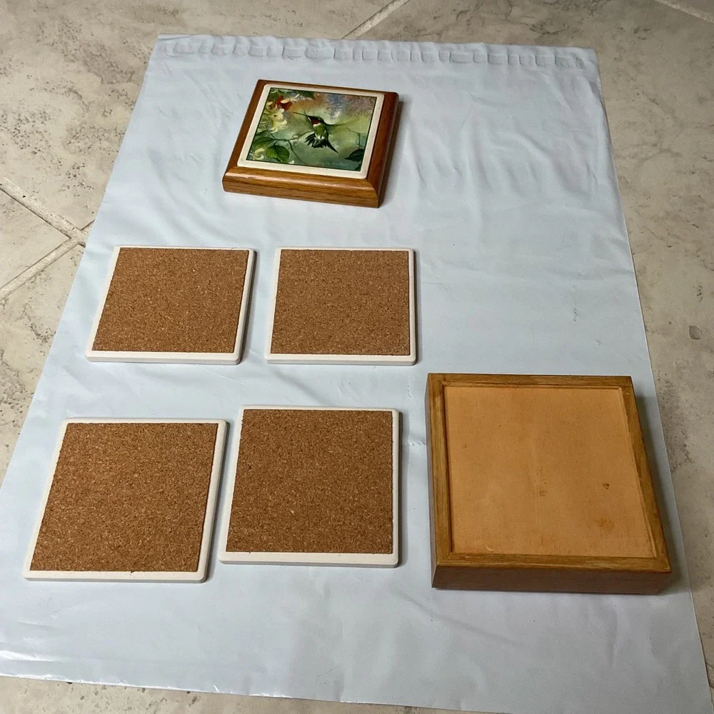 Larry K Martin Hummingbird AbsorbaStone Coasters -Set w/ Wooden Storage Box 5 pc